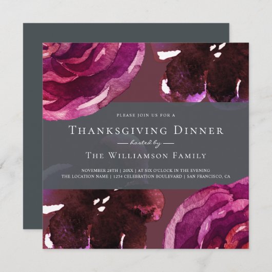 Chic Burgundy Floral Thanksgiving Dinner Kaart (Voorkant / Achterkant)