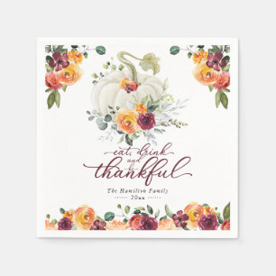 Chic Burgundy Floral White Pumpkin Thanksgiving Servet