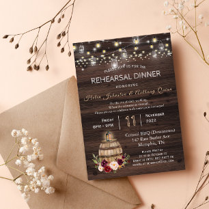 Chic Burgundy Floral Wine Barrel Rehearsal Dinner Kaart