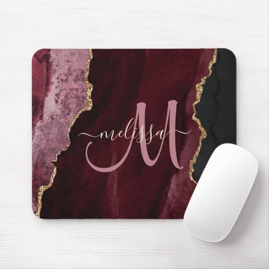 Chic Burgundy Gold Agate Script Custom Monogram Muismat (Met muis)