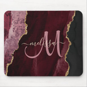 Chic Burgundy Gold Agate Script Custom Monogram Muismat