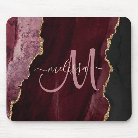 Chic Burgundy Gold Agate Script Custom Monogram Muismat (Voorkant)