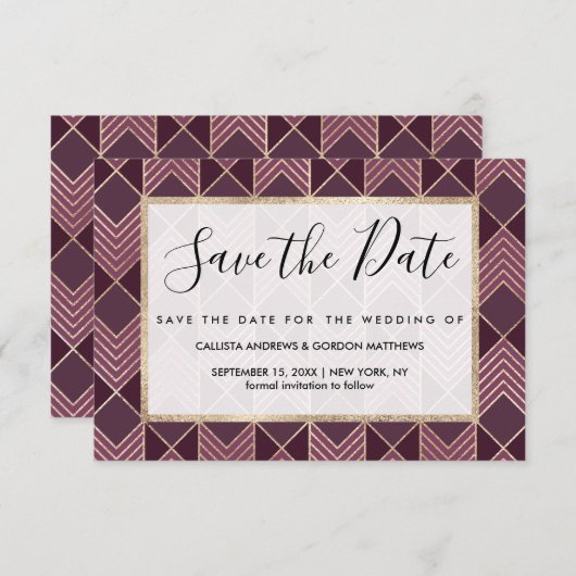 Chic Burgundy Gold Arrowiad Chevron Geometric Save The Date (Voorkant / Achterkant)