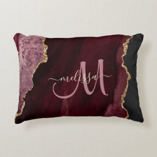 Chic Burgundy Gold Glitter Agate Custom Monogram Accent Kussen