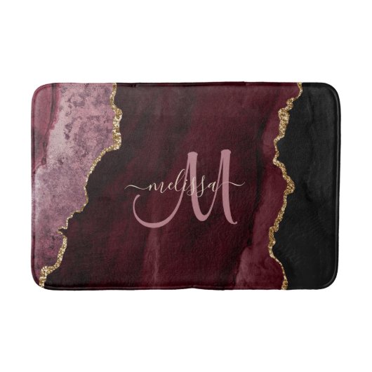 Chic Burgundy Gold Glitter Agate Custom Monogram Badmat (Voorkant)