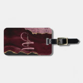Chic Burgundy Gold Glitter Agate Custom Monogram Bagagelabel (Voorkant horizontaal)