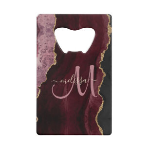 Chic Burgundy Gold Glitter Agate Custom Monogram Kredietkaart Flessenopener