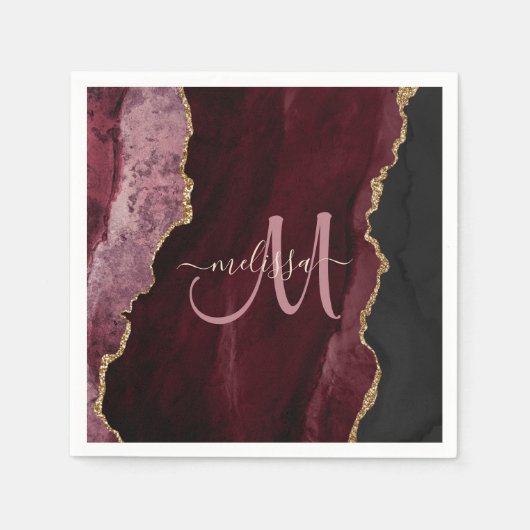 Chic Burgundy Gold Glitter Agate Custom Monogram Servet (Voorkant)