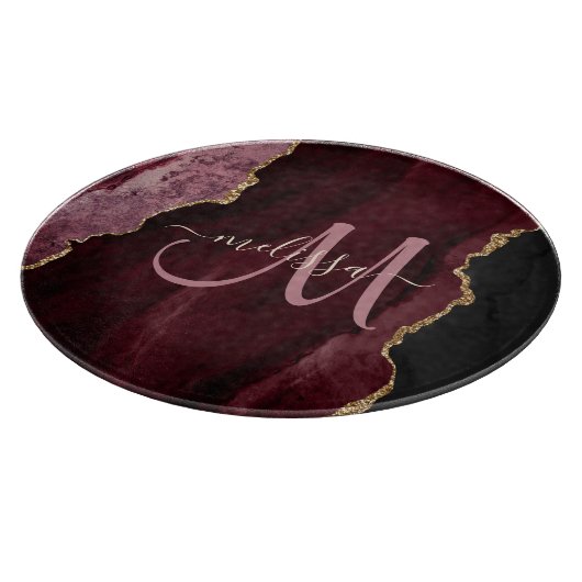 Chic Burgundy Gold Glitter Agate Custom Monogram Snijplank (Hoek)
