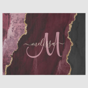 Chic Burgundy Gold Glitter Agate Monogram Tissuepapier