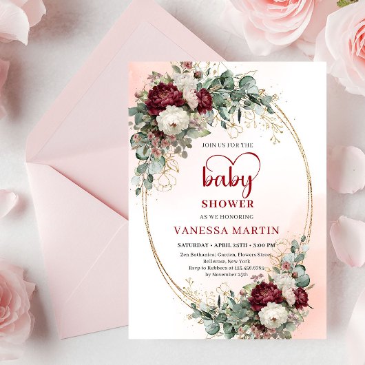 Chic Burgundy Gold Script Baby Shower Invitation