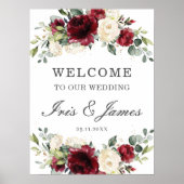 Chic Burgundy Ivory Floral Wedding Welcome Sign Poster (Voorkant)