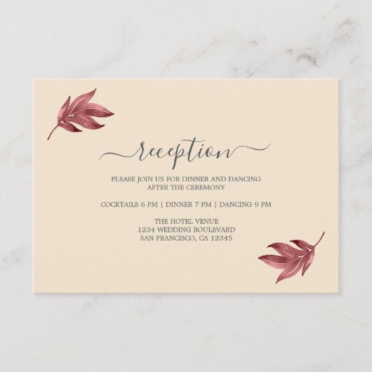 Chic Burgundy Leaf Ivory Minimal Wedding Reception Informatiekaartje (Voorkant)