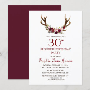 Chic Burgundy Marsala Floral Antlers 50th Birthday Kaart