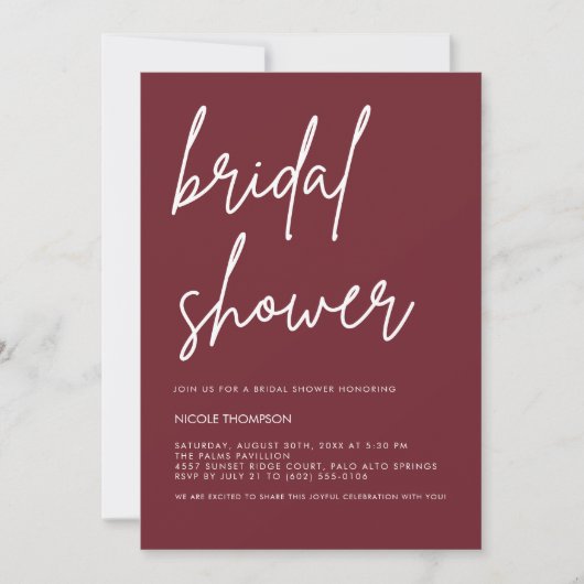 Chic Burgundy Modern Bridal Shower Invitation  Kaart (Voorkant)