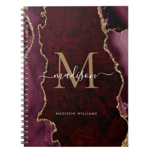 Chic Burgundy Red Gold Agate Geode Monogram script Notitieboek