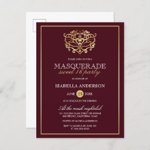 Chic Burgundy Red & Gold Masquerade Sweet 16 Party Uitnodiging Briefkaart