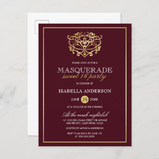 Chic Burgundy Red & Gold Masquerade Sweet 16 Party Uitnodiging Briefkaart