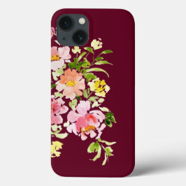 Chic burgundy waterverf bloemen stijlvol iPhone 13 hoesje