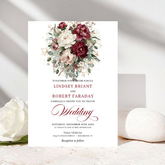 Chic Burgundy White Eucalyptus Wedding Invitation