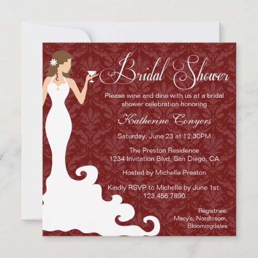 Chic Burgundy Wine Damask Bridal Shower Invitation (Devant)