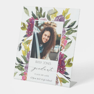 Chic Burgundy Yellow Pink Floral Foto Afstuderen Reclamebord Met Voetstuk