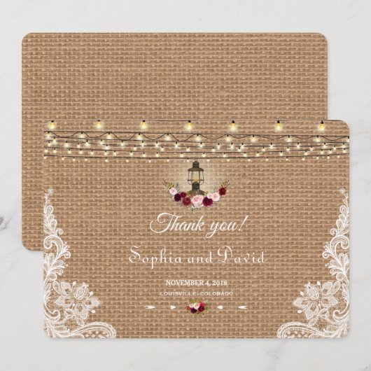 Chic Burlap Lace Lights Mariage Merci (Devant / Derrière)