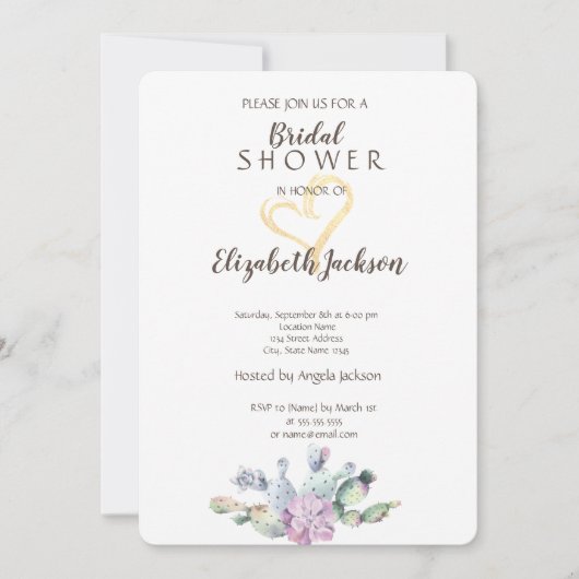 Chic Cactus Gold Glitter Heart Vrijgezellenfeest Kaart (Voorkant)