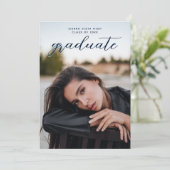 Chic Calligraphy Navy Blue Two Photo Afstuderen Kaart (Staand voorkant)