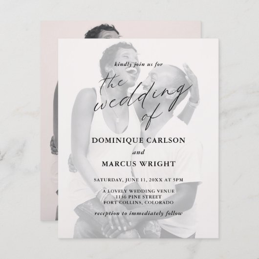 Chic Calligraphy Photo Budget Wedding Invitation (Voorkant / Achterkant)