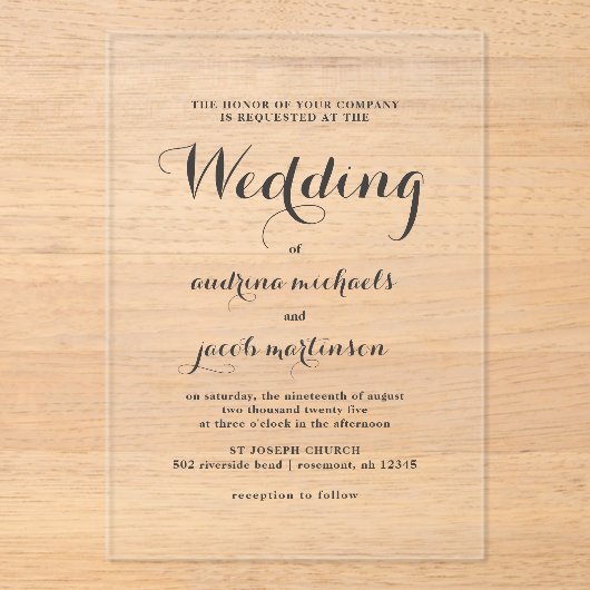 Chic Calligraphy Script Classic Wedding Acryl Uitnodigingen (Voorkant)