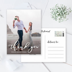 Chic Calligraphy Script Weddenschap Bedankt Foto Briefkaart