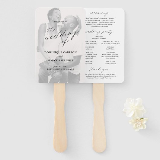 Chic Calligraphy Simple Photo Wedding Program Handwaaier (Voorkant en achterkant)