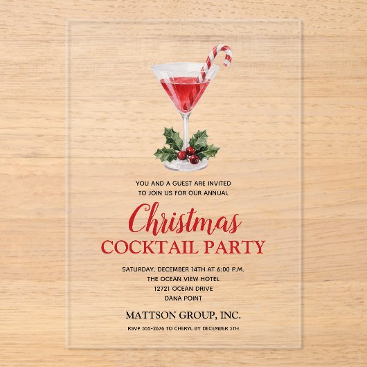 Chic Candy Cane Martini Christmas Cocktail Party Acryl Uitnodigingen (Voorkant)