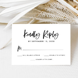 Chic Casual script | Zwart-wit bruiloft RSVP Kaartje