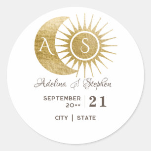 Chic Celestial Witgouden Zon Maan Monogram Crest Ronde Sticker
