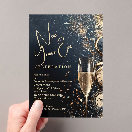 Chic Champagne and Clocks New Year's Eve Acryl Uitnodigingen (Insitu (Draagbaar))