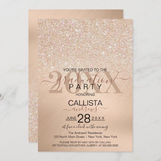 Chic Champagne Gold Glitter Metallic Afstuderen Kaart (Voorkant / Achterkant)