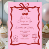 Chic Cherry op Top Bow Roze en Rood 1e verjaardag Kaart