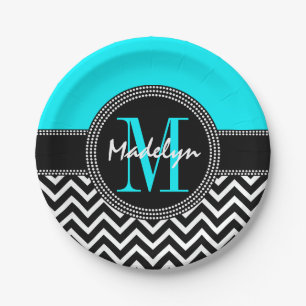 Chic Chevron Bright Aqua Verjaardag Monogram Papieren Bordje