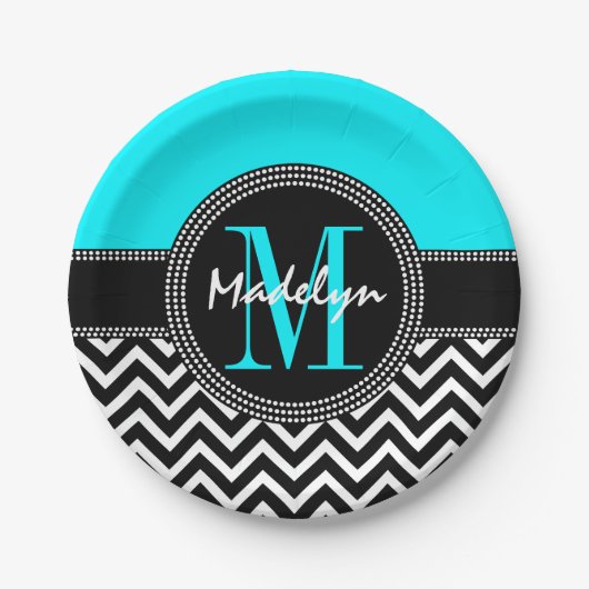 Chic Chevron Bright Aqua Verjaardag Monogram Papieren Bordje (Voorkant)