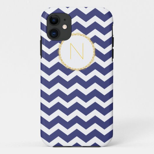 Chic Chevron iPhone Case Navy & White met Initiaal (Achterkant)