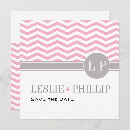 Chic Chevron Monogram Save the Date | roze (Voorkant / Achterkant)