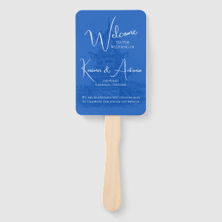 Chic Chinoiserie Pagoda Blue Wedding Program Fan Handwaaier