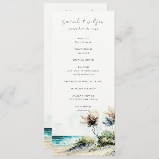 Chic Coastal Palm Beach Seascape Wedding Programme (Devant / Derrière)