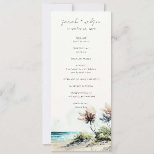 Chic Coastal Palm Beach Seascape Wedding Programme Kaart (Voorkant)