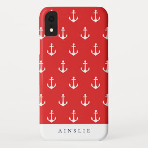 Chic Coastal Red Anchor Pattern iPhone XR Hoesje