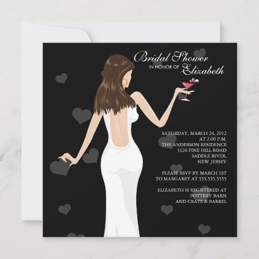 Chic Cocktail Bride Bridal Shower Invitation Black Kaart (Voorkant)