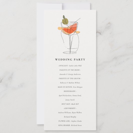 Chic Cocktail Wijnlijn Tekenen Trouwprogramma Kaart (Achterkant)