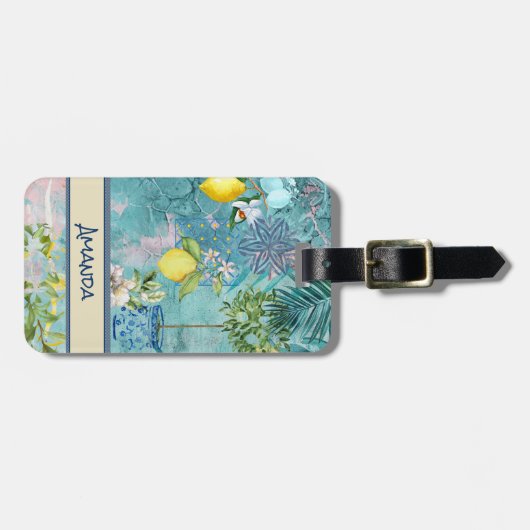 Chic collage blauw turquoise Siciliaanse citrus bl Bagagelabel (Voorkant horizontaal)